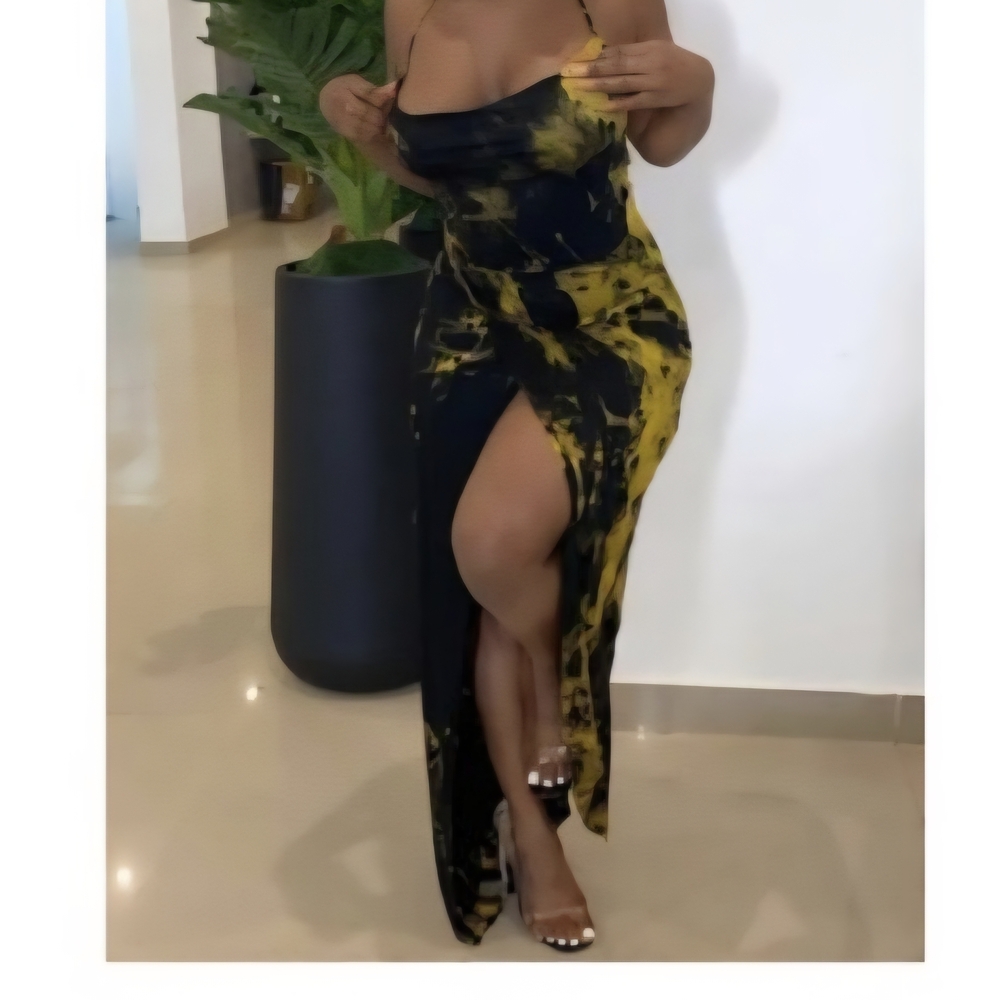Fashion Nova Black and Yellow Tie-Dye Dress